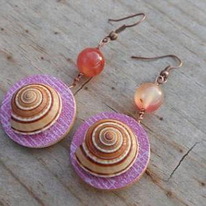 Wood & Seashell Earrings - Pink Design..