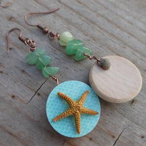 Wood & Seashell Earrings - Blue And..