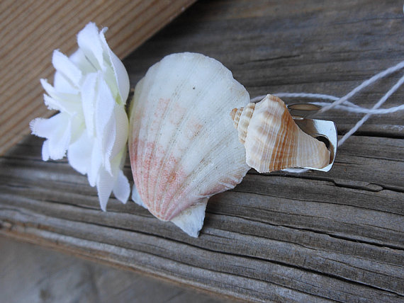Seashell Barrette Handmade Hair Accessory Design Using Natural Scallop And Crown Shells - White Rose - With French Style Hair Barrette