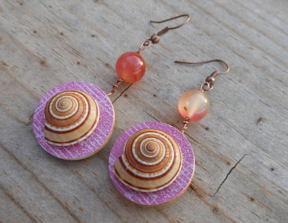 Wood & Seashell Earrings - Pink Design With Sundial Seashells - Japanese Inspired Earrings - Handmade Wood And Paper Earrings