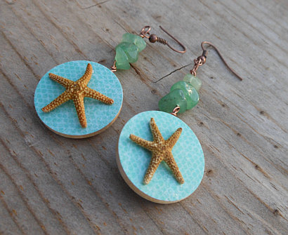 Wood & Seashell Earrings - Blue And Turquoise Design With Tiny Starfish - Japanese Inspired Earrings - Handmade Wood And Paper Earrings