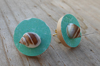 Nautical Themed Wood Stud Earrings - Turquoise Design With Tiny Brown Shells - Japanese Inspired Stud Earrings - Handmade Jewelry