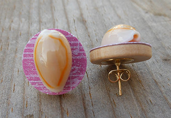 Nautical Themed Wood Stud Earrings - Pink Design With Tiny Beige Shells - Japanese Inspired Stud Earrings - Handmade Jewelry