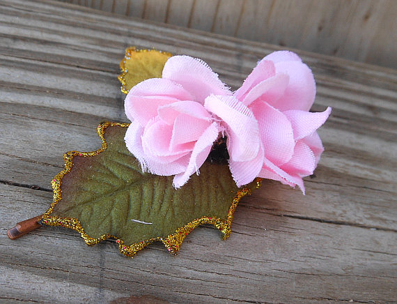 Flower Hair Accessory - Bobby Pin Hair Piece With Holly Leaves And Pink Roses - Fabric Flower Hair Clip
