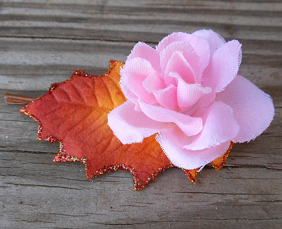 Flower Hair Accessory - Bobby Pin Hair Piece With Holly Leaves And Pink Roses - Fabric Flower Hair Clip