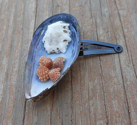 Seashell Hair Clip - Blue Mussel Seashell - Nautical And Beach Themed Hair Accessory - Handmade - White Limpets And Strawberry Seashells