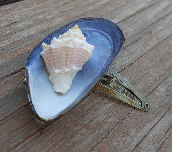 Seashell Hair Clip - Blue Mussel Seashell - Nautical And Beach Themed Hair Accessory - Handmade - King's Crown Seashell