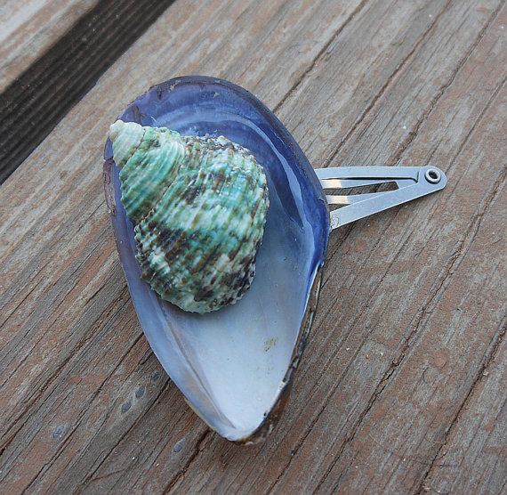 Seashell Hair Clip - Blue Mussel Seashell - Nautical And Beach Themed Hair Accessory - Handmade - Jade Green Seashell