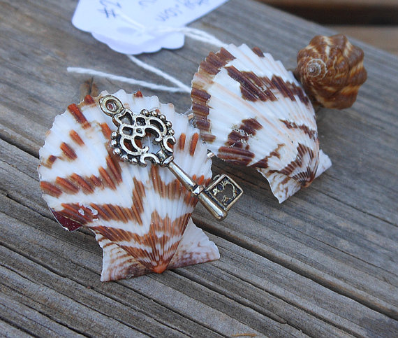 Seashell Barrette Handmade Hair Accessory Design With Scallop Shells Brown Shell And Key Charm