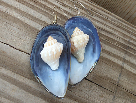 Seashell Earrings - Blue Mussel Shell And Kings Crown Seashell Earrings - Handmade Earrings