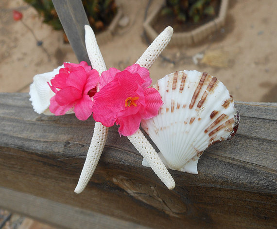 Starfish Hair Barrette - Natural Seashell Hair Barrette Design With Starfish Pink Flowers Heart Cockel Seashell And Scallop