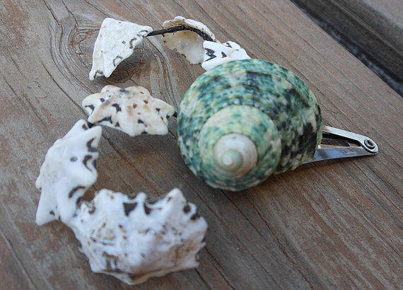 Seashell Hair Clip - Handmade Nautical Themed Hair Accessory - Designed With Jade Green Seashell And White Limpets
