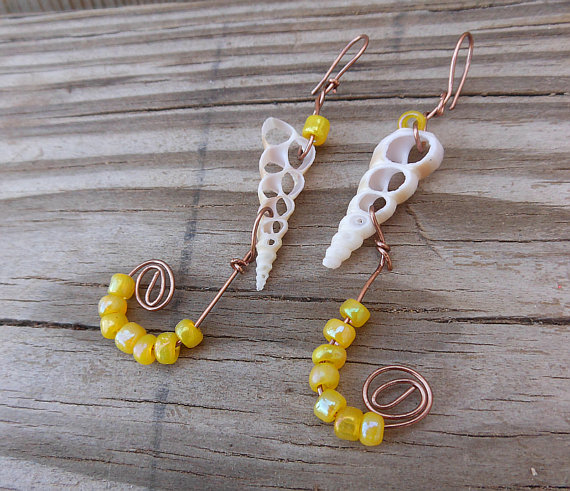 Handmade Seashell Earrings - Sliced White Shell Earrings With Yellow Beads - Nautical Earrings - Handmade Jewelry