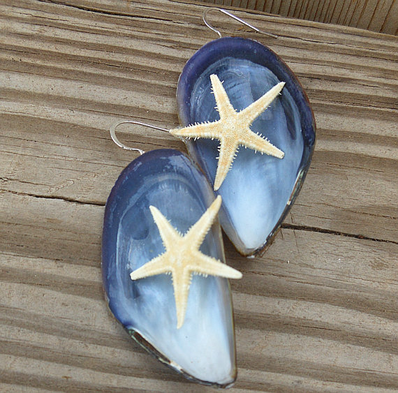 Blue Mussel Earrings - Mussel Shells And Natural Golden Starfish - Nautical Earrings - Handmade Jewelry