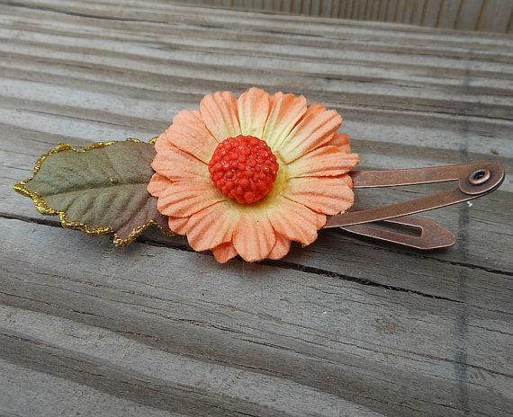 Flower Hair Clip - Fabric Flower Hair Accessory - Small Gold And Red Flower - Handmade Hair Accessories