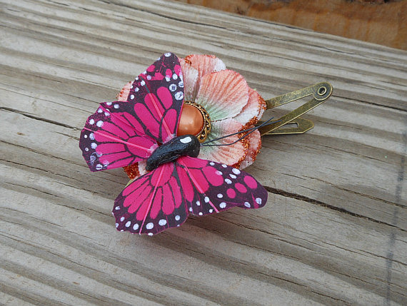 Flower Hair Clip - Fabric Flower Hair Accessory - Butterfly Hair Accessory - Pink Flower And Pink Butterfly