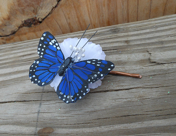 Flower Hair Clip - Fabric Flower Hair Accessory - Butterfly Hair Accessory - White Flower And Blue Butterfly