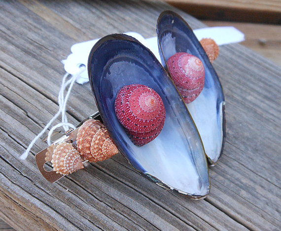 Seashell Barrette Handmade Hair Accessory Design With Blue Mussel Shells And Pink Shells
