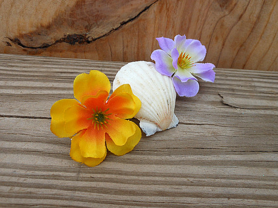 Scallop Hair Barrette - Gold Fabric Flower - Purple Fabric Flower - Natural Seashell Scallop