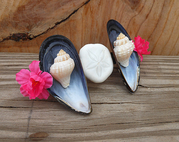 Mussel Seashell Hair Barrette - Handmade Hair Accessory - Blue Mussel Shells And Crown Shells And Sand Dollars - Pink Rose Flowers