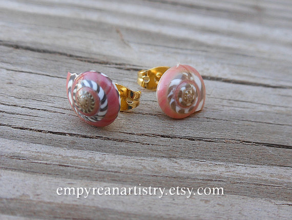 Seashell Stud Earrings - Nautical And Beach Earrings - Handmade Jewelry - Pink Seashells - Striped Seashells
