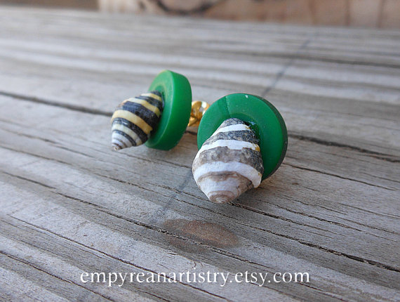 Button Stud Earrings - Nautical And Beach Earrings - Handmade Jewelry - Bumlebee Seashells - Seashell Stud Earrings