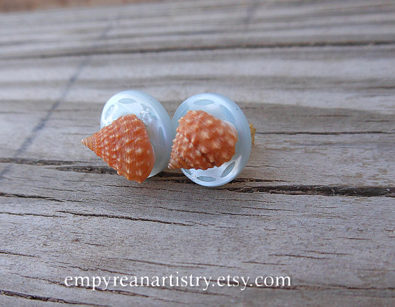 Button Stud Earrings - Nautical And Beach Earrings - Handmade Jewelry - Strawberry Seashells - Seashell Stud Earrings